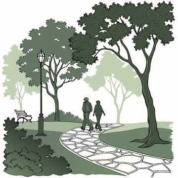 Graphic illustration of a couple walking along a stone path in a lush park