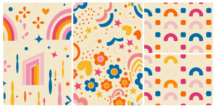 retro pattern set with rainbows flowers and abstract shapes