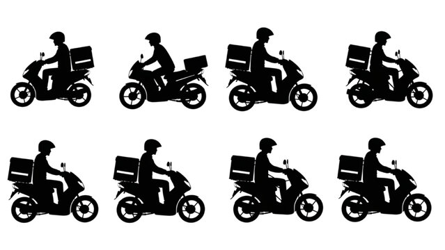Delivery Rider Scooter Silhouette Set &ndash; Food Courier Motorbike Icons Collection for Shipping and Transport