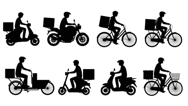 Delivery Transport Silhouette Set &ndash; Courier Riders on Scooter, Motorcycle and Bicycle Vector Collection