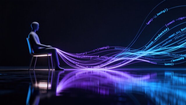 Person seated with glowing code streams