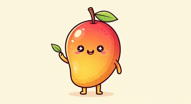 Smiling Mango: An appealing mango character with a beaming smile, waving cheerfully with a leaf, embodying the charm and joy of the tropical fruit.