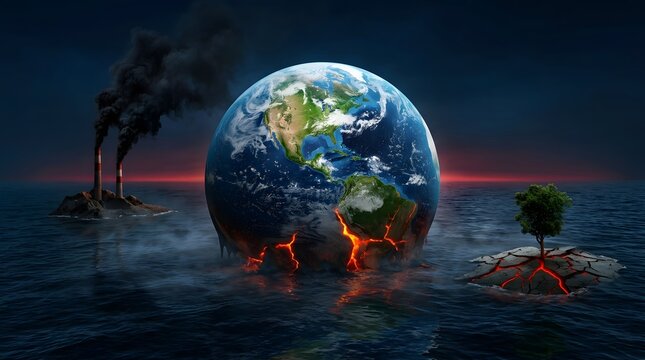 Burning earth planet between dead polluted land with smoke versus green tree showing climate change global warming environmental crisis pollution destruction nature awareness