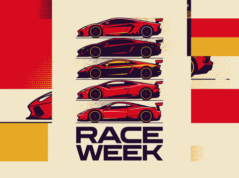 Race Week Vintage Style Poster Illustration with Red Supercars and Halftone Textures
