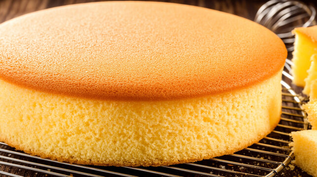 Golden sponge cake on cooling rack with round cake base cake layers cake mix