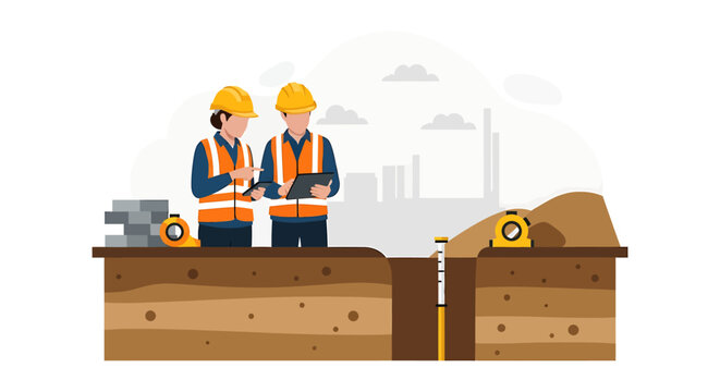 Construction workers examining blueprints at a site.
