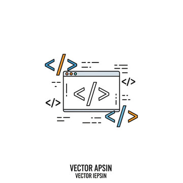 Abstract coding concept with programming symbols like greater than less than signs and code editor window for web development and software engineering illustration