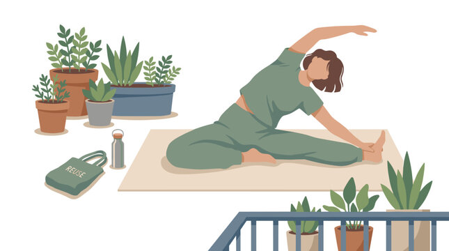 Person practicing yoga pose on mat surrounded by plants.