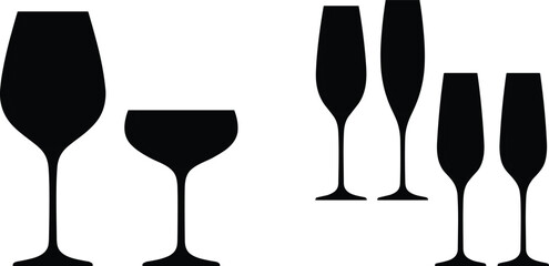 Elegant wine glass silhouettes collection including champagne flute and cocktail coupe isolated on white background for bar design © Sreejoynaraon