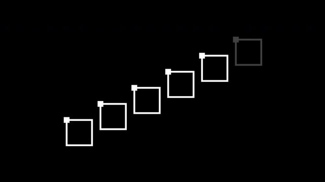 Minimal pixel style loading animation featuring outlined square blocks arranged in an ascending staircase sequence on a clean black background