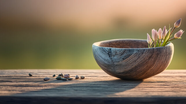Bowl with crocus flowers on a wooden surface at sunset still life golden hour decoration