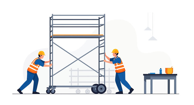 Construction workers assembling a mobile scaffolding tower on a white background.