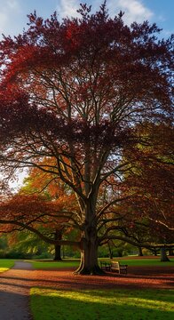 Majestic copper beech tree ablaze with autumn colors, bathed in sunlight