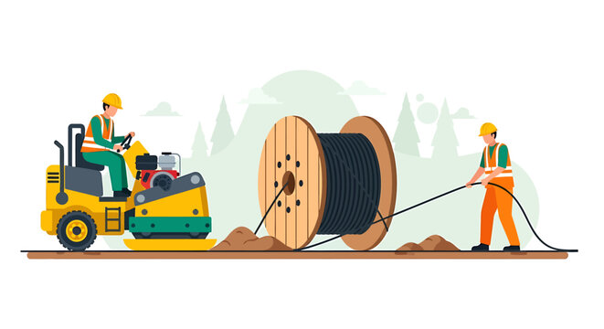 Construction workers installing large cable spool with machinery.