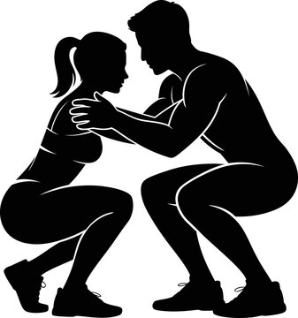 Man and woman in squatting position with hands on shoulders fitness exercise