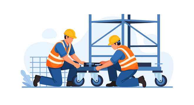 Two construction workers assembling a mobile scaffolding unit together.