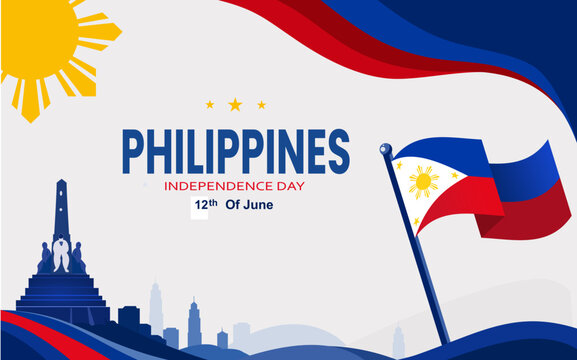 Philippines Independence Day banner with waving national flag, patriotic colors, monument silhouette, and modern flat illustration style for posters, greetings, and social media templates.