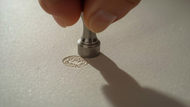 Extreme macro of a hand pressing a steel stamp into thick handmade paper.