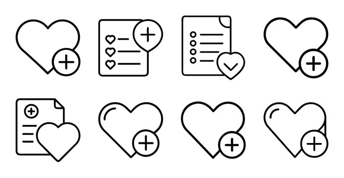 Flat heart icons with plus signs and checkmarks - Minimalist heart icons set featuring plus, checkmark, and document symbols for positive actions and approvals in modern design projects.
