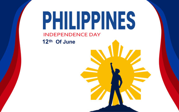 Philippines Independence Day banner with patriotic red, blue, and white waves, heroic silhouette, and sun symbol. Ideal for posters, social media, greetings, and celebration templates.