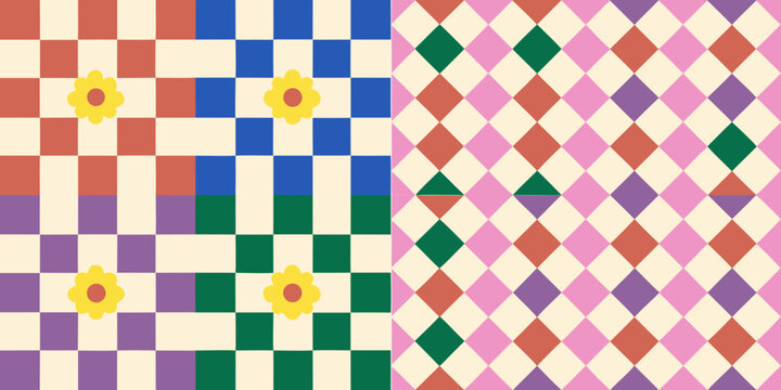 geometric floral pattern with checkered and diamond motifs