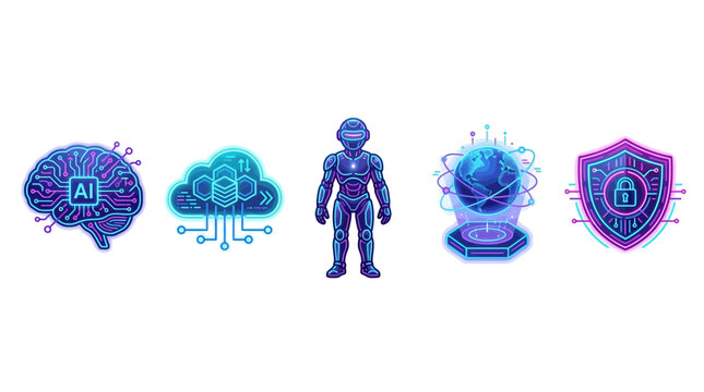 Futuristic Cyber Technology Icons, Digital Innovations, Virtual Environment, Illustration, Sci-Fi Concept