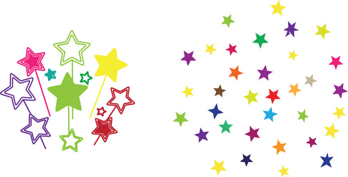 Colorful star confetti and wand illustrations for kids' party decorations and celebrations