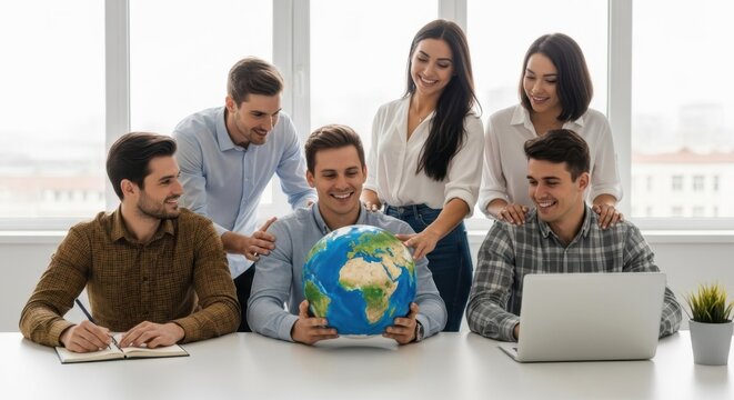 Diverse business team collaboratively holding planet earth globe in office meeting