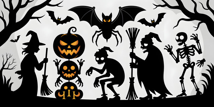 Halloween characters in silhouette against a spooky night sky with trees and bats