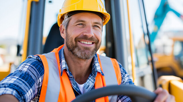 Professional builder driving a bulldozer with a confident smile at a busy construction site under a clear sky, skilled labor concept, with copy space