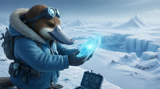 Adventurous Platypus Explorer Wearing A Blue Parka And Goggles Holding A Glowing Crystal On A Snowy Mountain Ridge In The Arctic Wilderness, Cinematic Discovery Scene With Frozen Landscape Background.