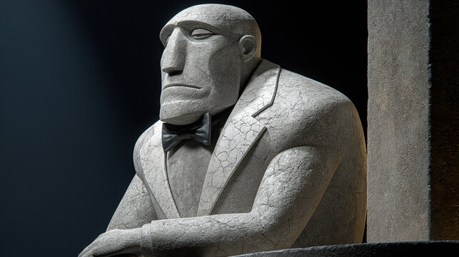 Weathered Stone Golem in Cracked Tuxedo Waits Alone on Dark Empty Stage Chiaroscuro
