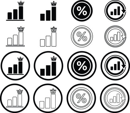 Black and white bar chart and percentage icons with crown symbols