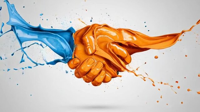 A vibrant vector illustration of a colorful water splash forming a symbolic handshake between two business hands against a dark black background