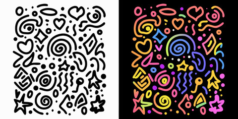 Fototapeta premium abstract doodle pattern black and white and vibrant color variations