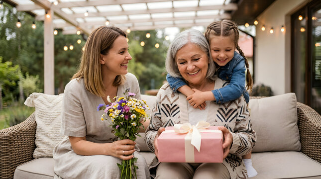 Happy Mother Day Celebrating Grandmother Receiving Mother Day Gift with Daughter and Granddaughter