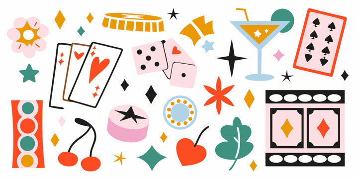 casino game elements illustration with playing cards dice and cherries