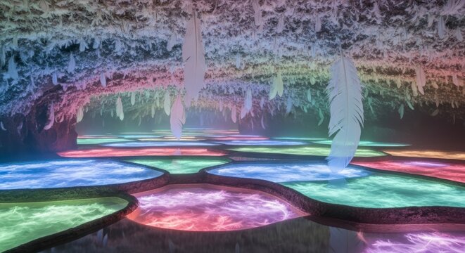 Int&eacute;rieur abstrait et color&eacute; avec des plumes flottantes et des surfaces lumineuses