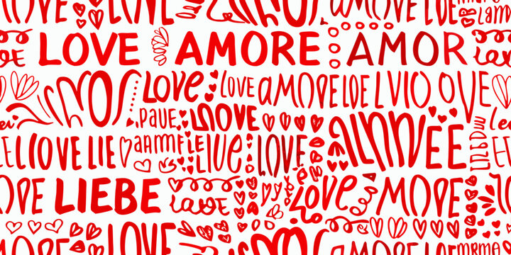 Seamless pattern featuring the words love and amore in red calligraphy