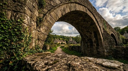 Fototapeta premium Stone bridge arch overlooking a village and rolling hills