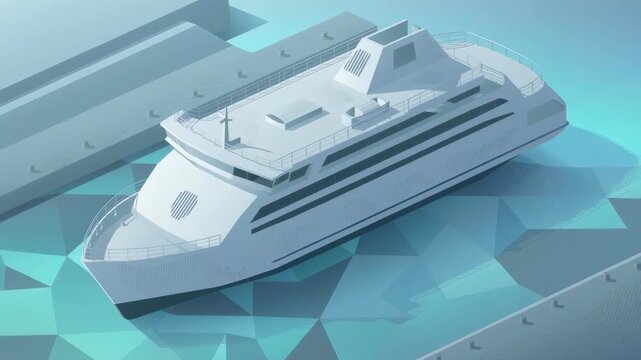 A sleek modern passenger ferry rests in a calm blue harbor, featuring stylized geometric water patterns and clean minimalist lines for a professional maritime transportation visual concept.