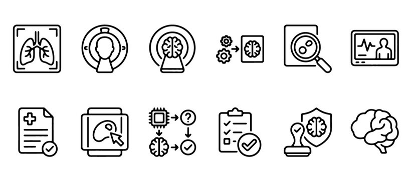 Medical Imaging and Radiology Line Icons. X Ray, CT Scan, MRI and AI Analysis. Vector Icon Set