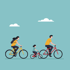 Fototapeta premium A happy family of three, mother, father, and child, enjoying a leisurely bike ride together under a clear blue sky with white clouds.