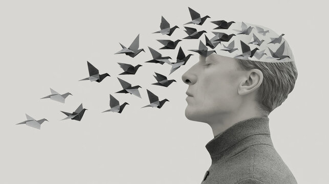 Close Portrait with Origami Birds Scattering Outward Evoking Memory and Release