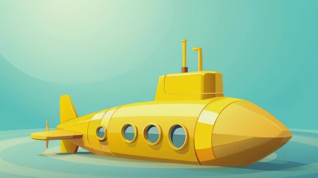 A vibrant yellow submarine glides smoothly through calm turquoise waters, exploring the deep ocean depths in this bright and cheerful underwater animation style adventure scene.