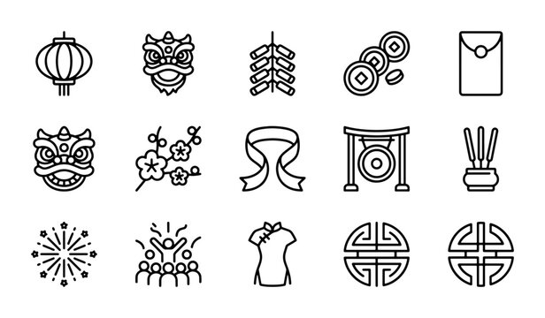 Chinese New Year Icons Set, Lunar Festival Symbols, Red Envelope, Lantern, Firecrackers, Fortune