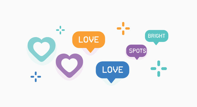 Colorful heart shapes and speech bubbles with the words love spots and bright in a pixel art style graphic.