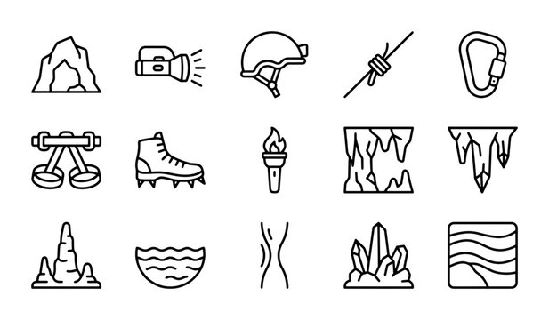 Caving Equipment and Cave Formations Icons Set, Adventure and Exploration Vector Graphics
