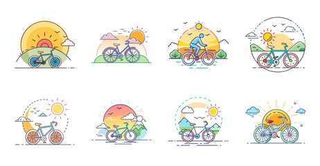 Fototapeta premium Colorful flat icons of happy summer picnic activities - Bright and cheerful vector icons showing picnic-themed activities like eating, drinking, and relaxing in a fun outdoor summer setting.