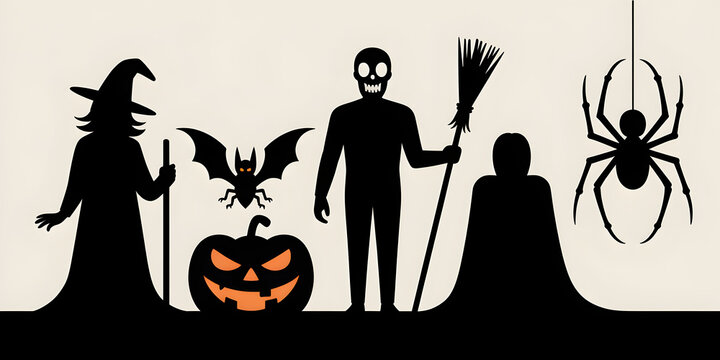 Halloween silhouettes of a witch bat pumpkin skeleton and spider against a light background